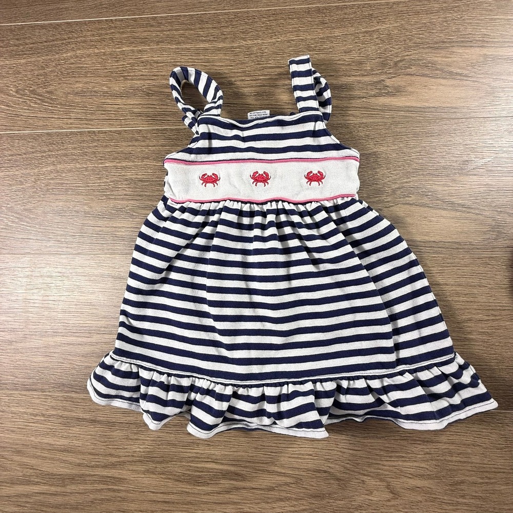Luigi Kids Navy White Striped Crab Embroidered Ruffle Hem Sun Dress 3T Preppy